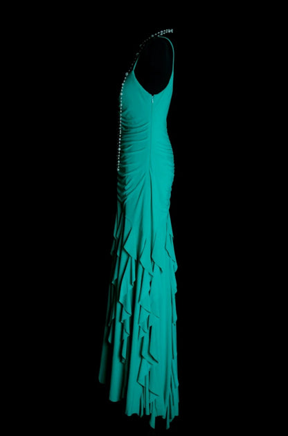 Elegant Turquoise Long Prom Dresses Spaghetti Straps Sheath Evening Dress Chiffon Sleeveless Formal Dress ED06528