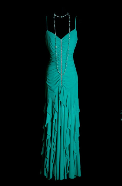 Elegant Turquoise Long Prom Dresses Spaghetti Straps Sheath Evening Dress Chiffon Sleeveless Formal Dress ED06528
