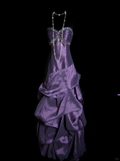 Chic Purple Long Prom Dresses Strapless A-line Evening Dress Satin Sleeveless Formal Dress ED06529