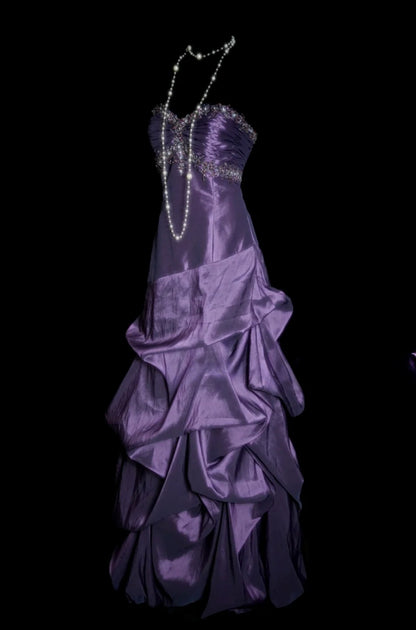 Chic Purple Long Prom Dresses Strapless A-line Evening Dress Satin Sleeveless Formal Dress ED06529