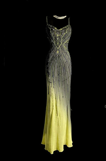 Chic Gray Yellow Long Prom Dresses Spaghetti Straps Sheath Evening Dress Beaded Chiffon Sleeveless Formal Dress ED06530