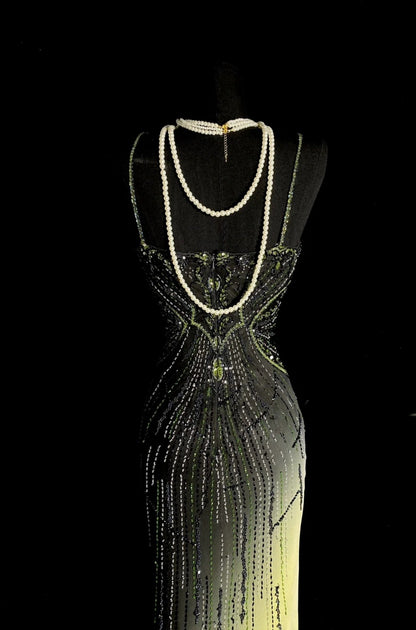 Chic Gray Yellow Long Prom Dresses Spaghetti Straps Sheath Evening Dress Beaded Chiffon Sleeveless Formal Dress ED06530
