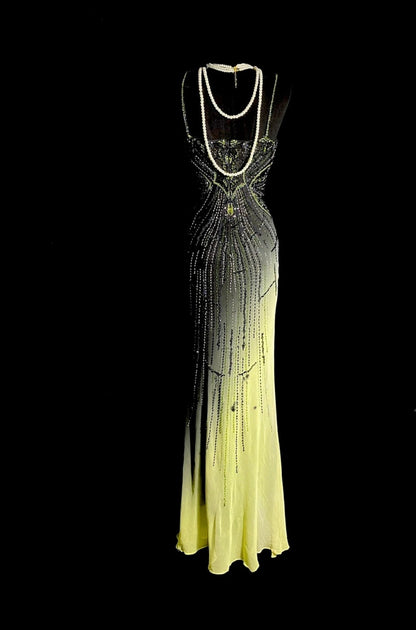 Chic Gray Yellow Long Prom Dresses Spaghetti Straps Sheath Evening Dress Beaded Chiffon Sleeveless Formal Dress ED06530