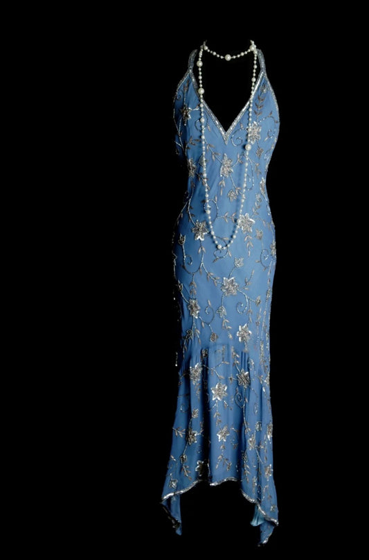 Chic Gray Blue Long Prom Dresses Halter Sheath Evening Dress Beaded Chiffon Sleeveless Wedding Guest Outfit ED06531