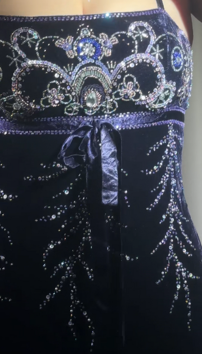 Gorgeous Dark Purple Knee Prom Dresses Spaghetti Straps Sheath Evening Dress Beaded Velvet Sleeveless Formal Dress ED06533