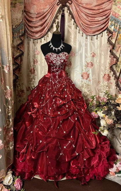 Gorgeous Red Long Prom Dresses Strapless A-Line Evening Dress Beaded Satin Sleeveless Formal Dress ED06536