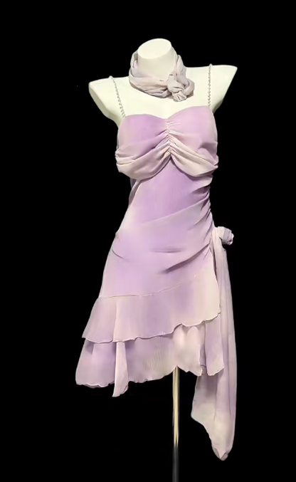 Vintage Lilac Short Prom Dresses Spaghetti Straps Sheath Birthday Outfit Chiffon Party Dress Sleeveless Homecoming Dress ED06539