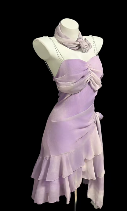 Vintage Lilac Short Prom Dresses Spaghetti Straps Sheath Birthday Outfit Chiffon Party Dress Sleeveless Homecoming Dress ED06539