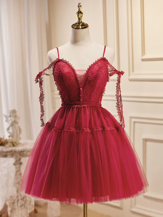 A-Line Burgundy Tulle Lace Short Prom Dresses, Burgundy Homecoming Dresses ED0654