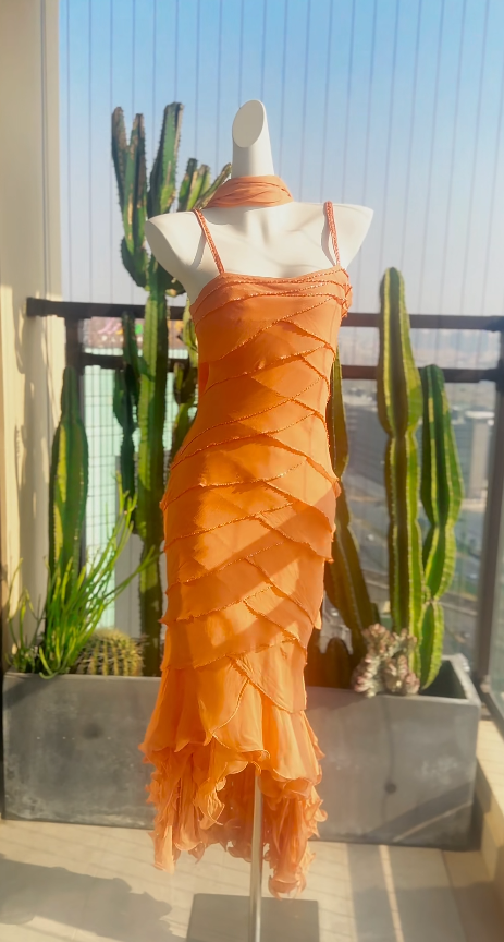 Fairy Orange Short Prom Dresses Spaghetti Straps Sheath Evening Dress Beaded Chiffon Formal Dress ED06542