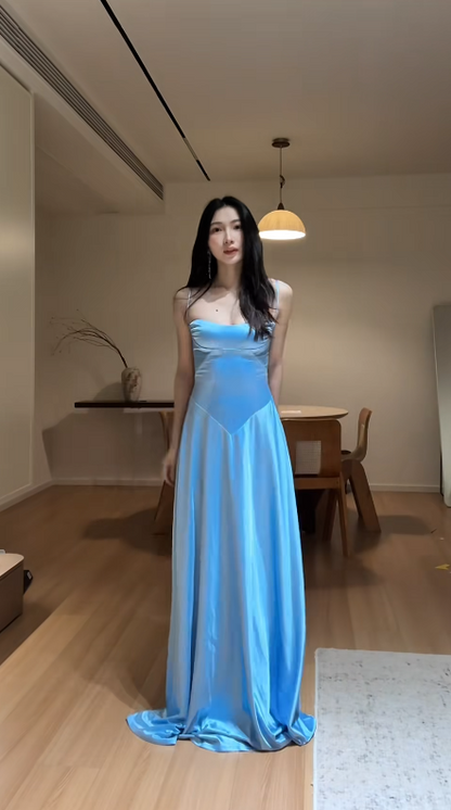 Simple Blue Long Prom Dresses Spaghetti Straps Sheath Evening Dress Satin Formal Dress ED06543