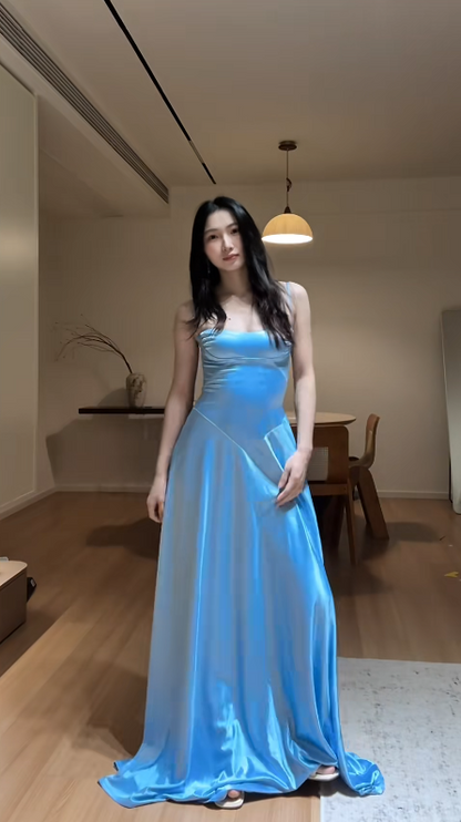 Simple Blue Long Prom Dresses Spaghetti Straps Sheath Evening Dress Satin Formal Dress ED06543