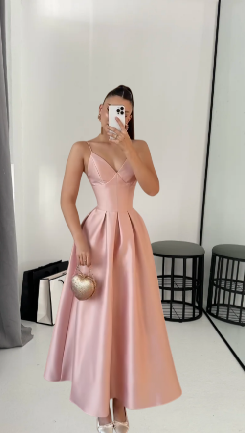 Fashion Pink Ankle Length Prom Dresses Spaghetti Straps A-Line Evening Dress Satin Wedding Guest Outfit ED06545