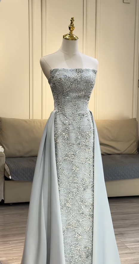 Robes d'anniversaire élégantes bleu dégradé, col en V, paillettes, mousseline, fourreau, robes de bal, robes de soirée ED04456