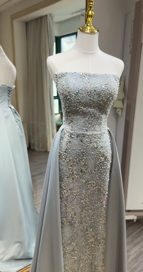 Robes d'anniversaire élégantes bleu dégradé, col en V, paillettes, mousseline, fourreau, robes de bal, robes de soirée ED04456