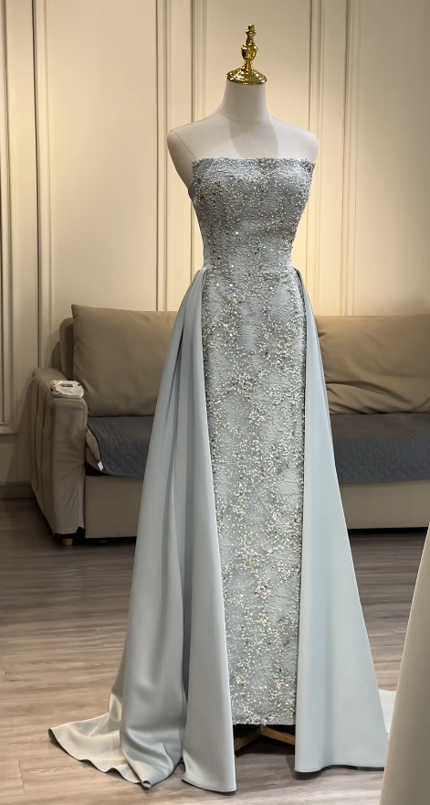 Robes d'anniversaire élégantes bleu dégradé, col en V, paillettes, mousseline, fourreau, robes de bal, robes de soirée ED04456