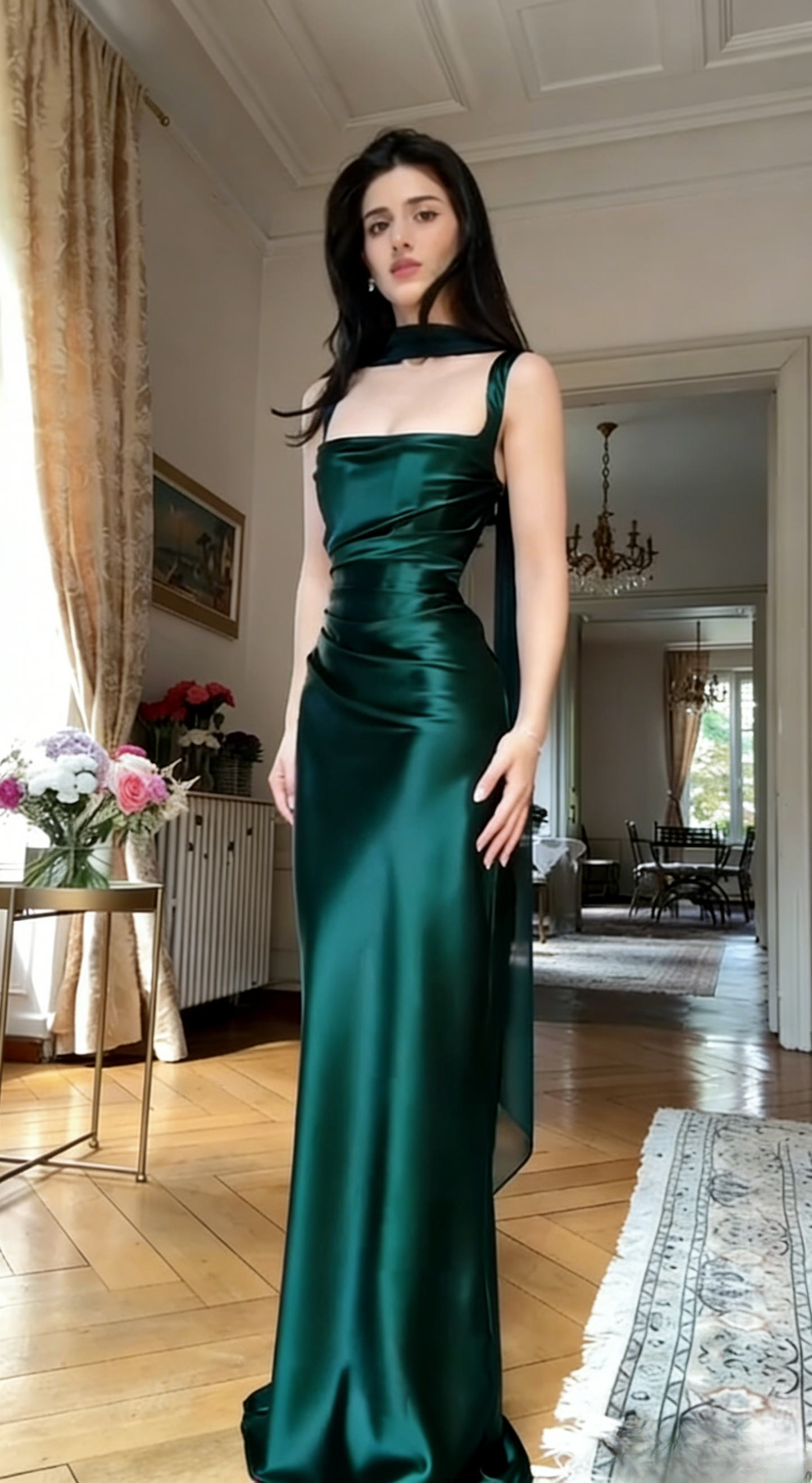 Glam Grape Long Prom Dresses Satin Straps Sheath Evening Dress Sleeveless Formal Dress ED06548
