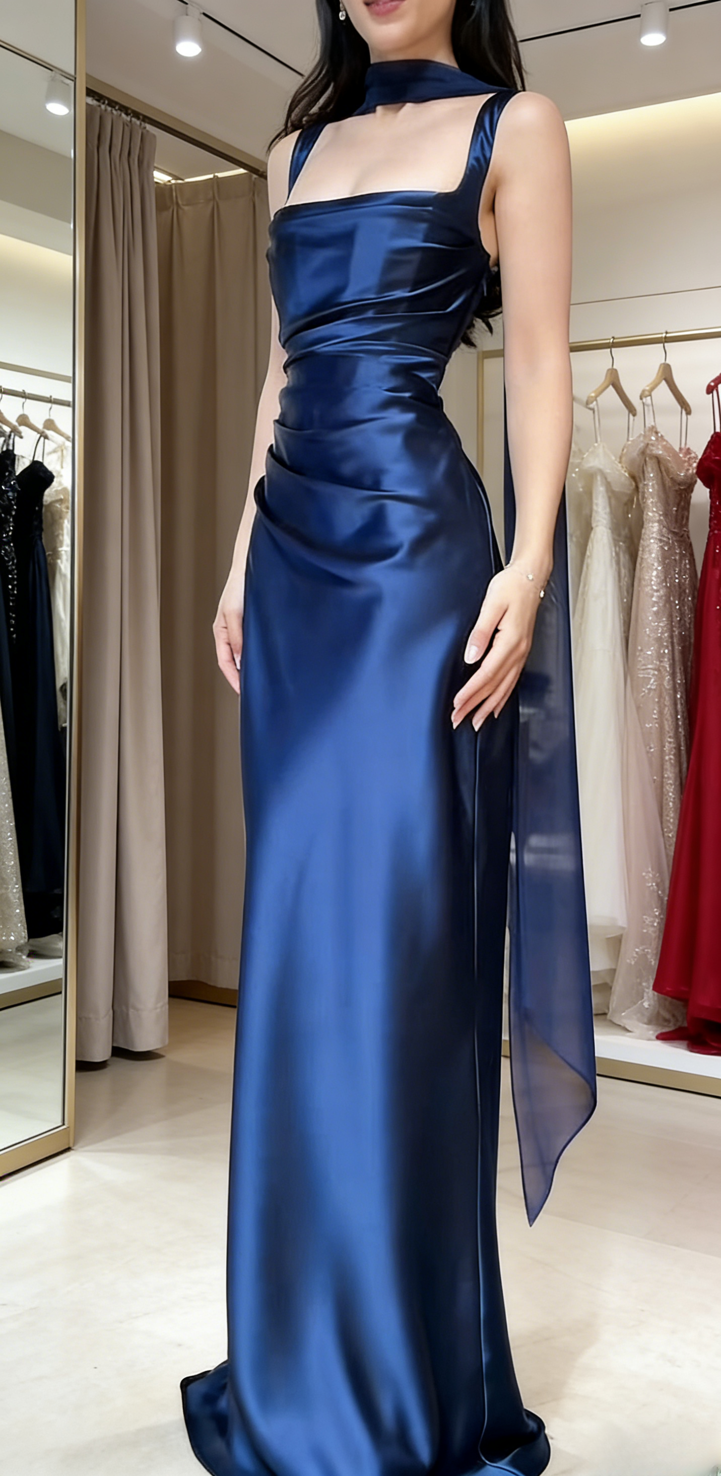 Glam Grape Long Prom Dresses Satin Straps Sheath Evening Dress Sleeveless Formal Dress ED06548