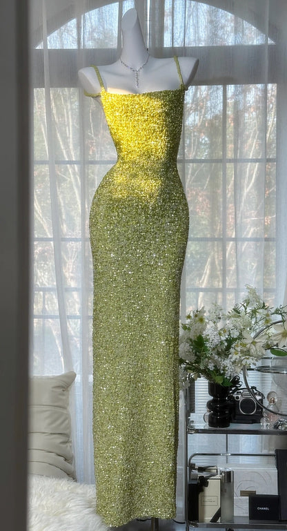 Glam Green Long Prom Dresses Beaded Chiffon Spagetti Straps Sheath Evening Dress Sleeveless Formal Dress ED06549