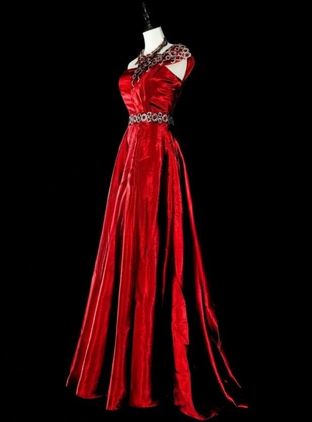 Vintage Red Long Prom Dresses Satin One-Shoulder A-Line Evening Dress Sleeveless Birthday Dress ED06551