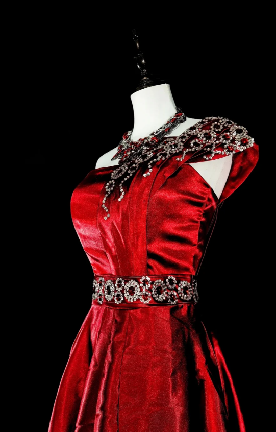 Vintage Red Long Prom Dresses Satin One-Shoulder A-Line Evening Dress Sleeveless Birthday Dress ED06551