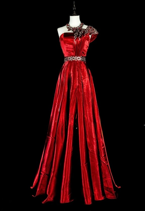 Vintage Red Long Prom Dresses Satin One-Shoulder A-Line Evening Dress Sleeveless Birthday Dress ED06551