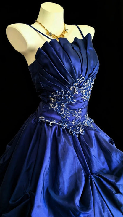 Gorgeous Royal Blue Long Prom Dresses Satin Spaghetti Straps A-Line Evening Dress Sleeveless Birthday Dress ED06552
