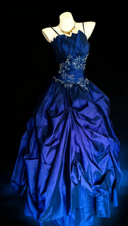 Gorgeous Royal Blue Long Prom Dresses Satin Spaghetti Straps A-Line Evening Dress Sleeveless Birthday Dress ED06552