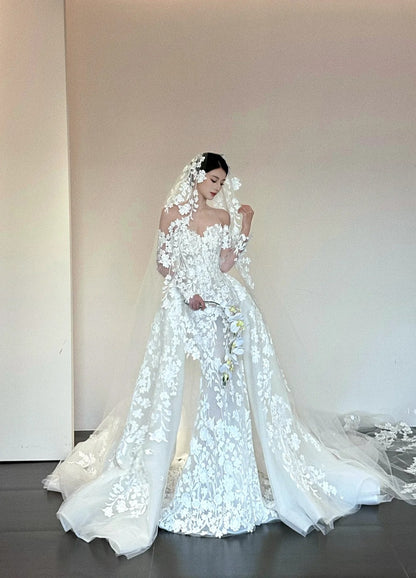 Modest Mermaid Long Wedding Dresses Appliques Tulle White Bridal Gowns Off-shoulder Sleeveless Bridal Dress ED06555