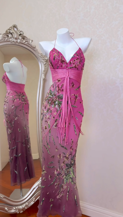 Elegant Pink Long Prom Dresses Beaded Chiffon Sheath Evening Dress Spaghetti Straps Sleeveless Formal Dress ED06557