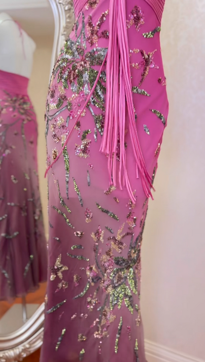 Elegant Pink Long Prom Dresses Beaded Chiffon Sheath Evening Dress Spaghetti Straps Sleeveless Formal Dress ED06557