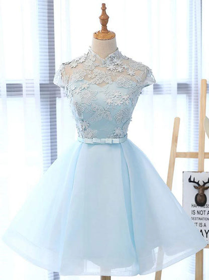 A line High Neck Lace Blue Short Prom Dress, Blue Homecoming Dress ED0656