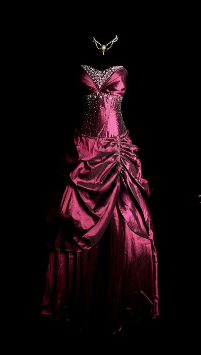 Elegant Burgundy Long Prom Dresses Beaded Satin A-Line Evening Dress Strapless Sweet 16 Dress ED06560