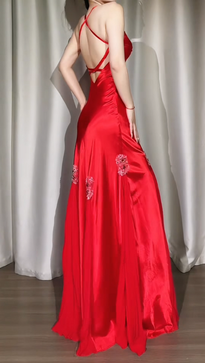Elegant Red Long Prom Dresses Beaded Satin Sheath Evening Dress with Open Back  ED06562