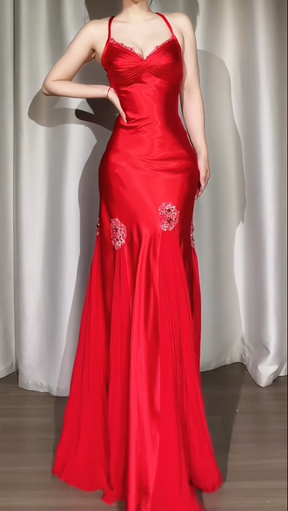 Elegant Red Long Prom Dresses Beaded Satin Sheath Evening Dress with Open Back  ED06562