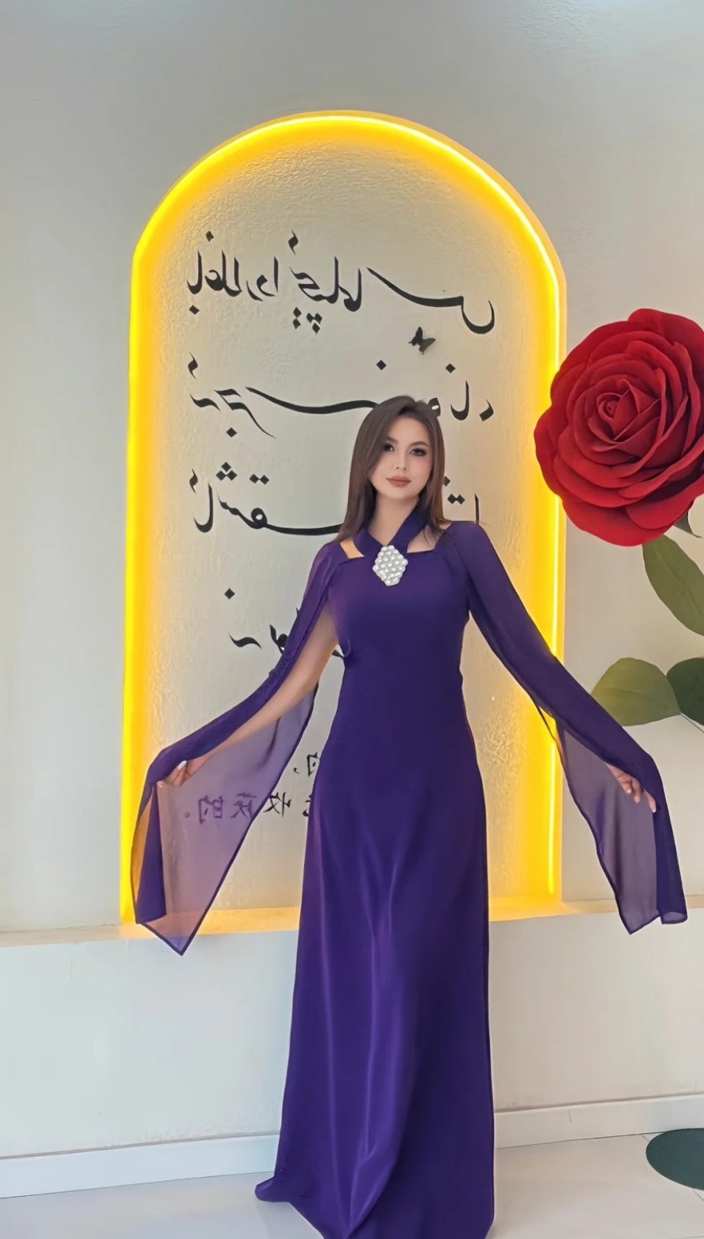 Elegant Purple Wedding Guest Outfit Halter Chifon Sheath Prom Dress Long Sleeves Evening Dress  ED06564