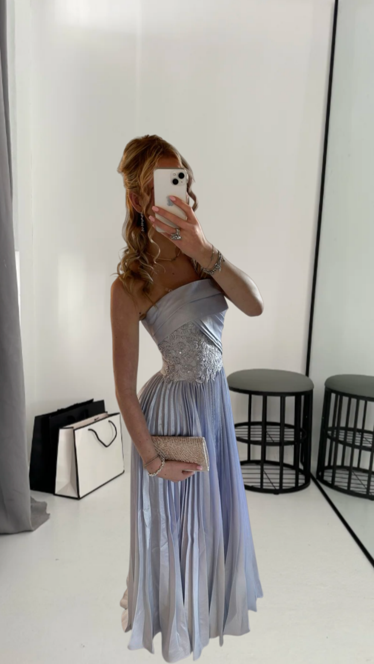 Elegant Blue Wedding Guest Outfit Tu Strapless Sheath Prom Dress Sleeveless Evening Dress ED06566