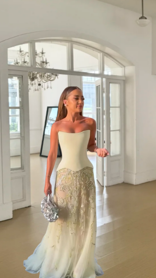 Elegant Yellow Wedding Guest Outfit Beaded Tulle Strapless Sheath Prom Dress Sleeveless Evening Dress ED06567