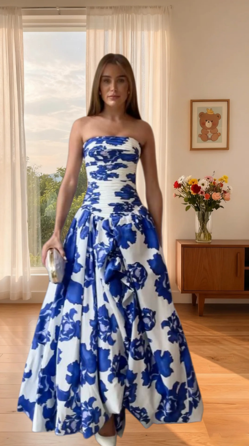 Elegant Blue Wedding Guest Outfit Floral Strapless A-Line Prom Dress Sleeveless Evening Dress ED06569