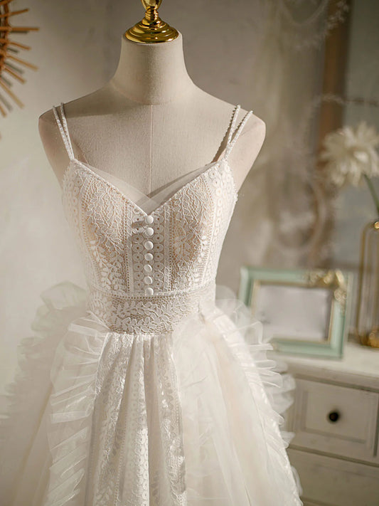Elfenbeinfarbenes V-Ausschnitt-Kurzes Tüll-Spitzen-Ballkleid Spitzen-Cocktailkleid ED0657