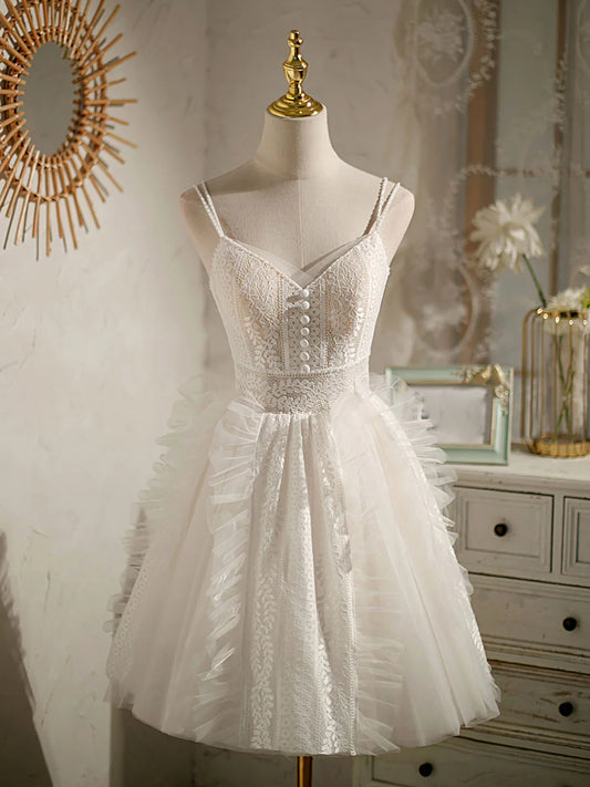 Elfenbeinfarbenes V-Ausschnitt-Kurzes Tüll-Spitzen-Ballkleid Spitzen-Cocktailkleid ED0657