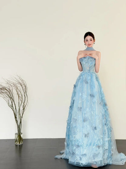 Chic Blue Long Prom Dress Strapless A-Line Evening Dress Applique Tulle Sleeveless Birthday Dress ED06576