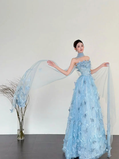 Chic Blue Long Prom Dress Strapless A-Line Evening Dress Applique Tulle Sleeveless Birthday Dress ED06576