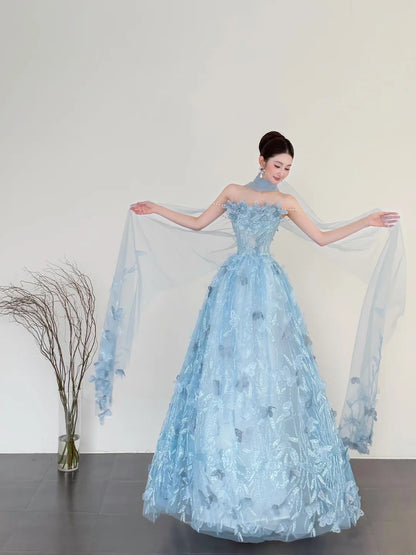 Chic Blue Long Prom Dress Strapless A-Line Evening Dress Applique Tulle Sleeveless Birthday Dress ED06576