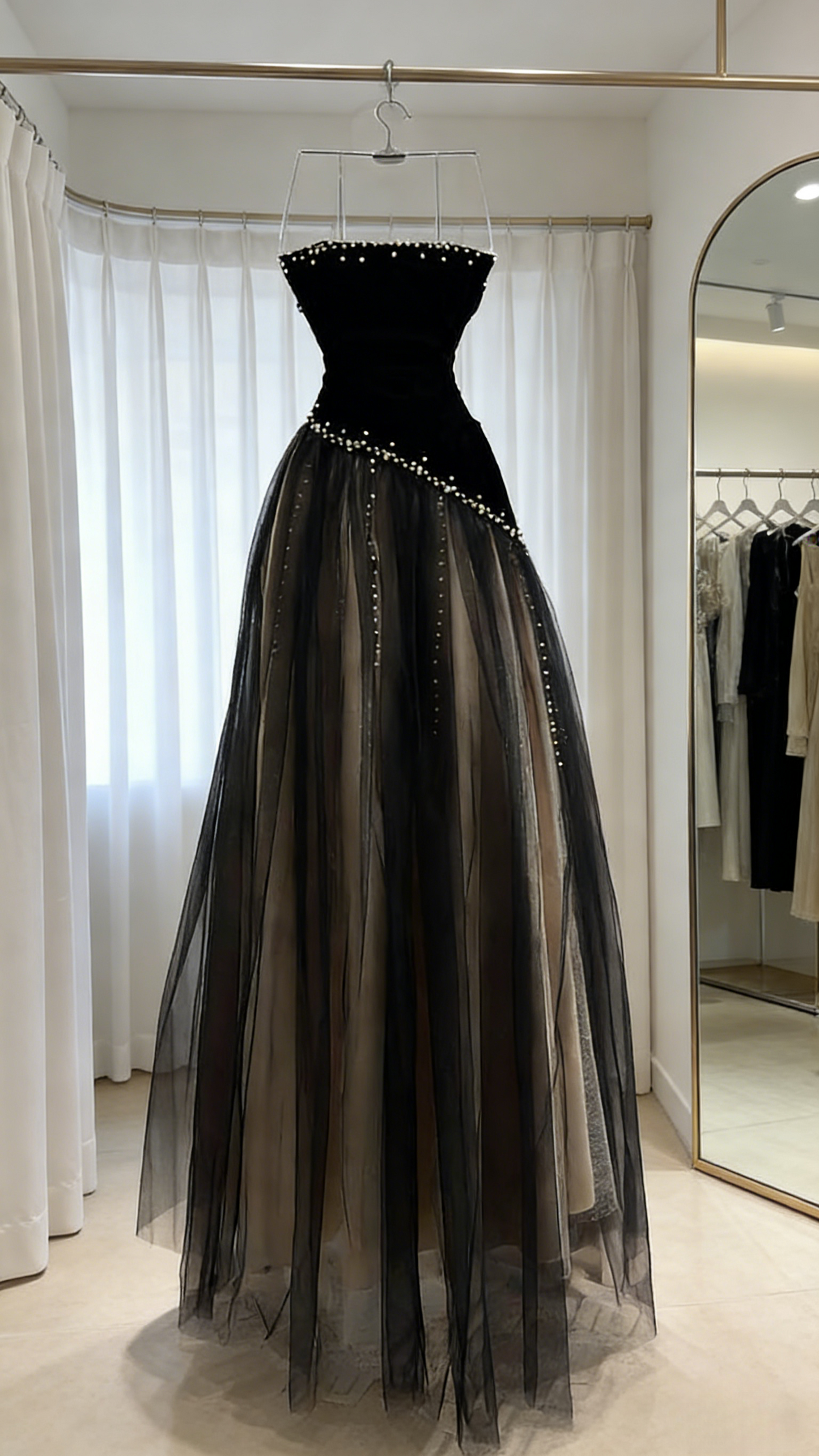 Chic Black Long Prom Dress Strapless A-Line Evening Dress Tulle Beaded Sleeveless Birthday Dress ED06578