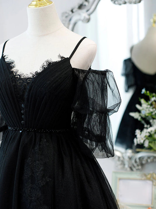 Schwarzes A-Linien-Kurzballkleid aus Tüllspitze, Schwarze Homecoming-Kleider ED0658