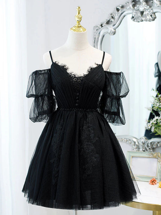 Schwarzes A-Linien-Kurzballkleid aus Tüllspitze, Schwarze Homecoming-Kleider ED0658