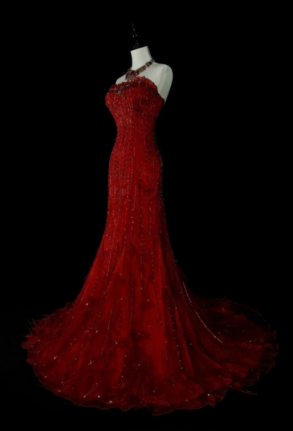 Gorgeous Red Long Prom Dress Strapless Mermaid Evening Dress Beaded Tulle Sleeveless Birthday Dress ED06580