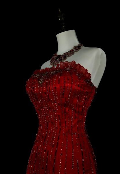 Gorgeous Red Long Prom Dress Strapless Mermaid Evening Dress Beaded Tulle Sleeveless Birthday Dress ED06580
