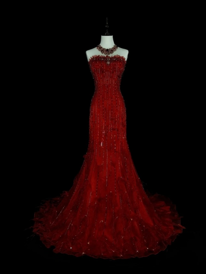 Gorgeous Red Long Prom Dress Strapless Mermaid Evening Dress Beaded Tulle Sleeveless Birthday Dress ED06580